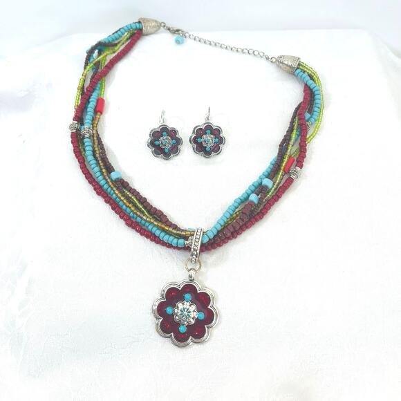 Southwestern Style Vtg Necklace Pendant Earrings Turquoise Red Avon Bead Enamel - Picture 3 of 15